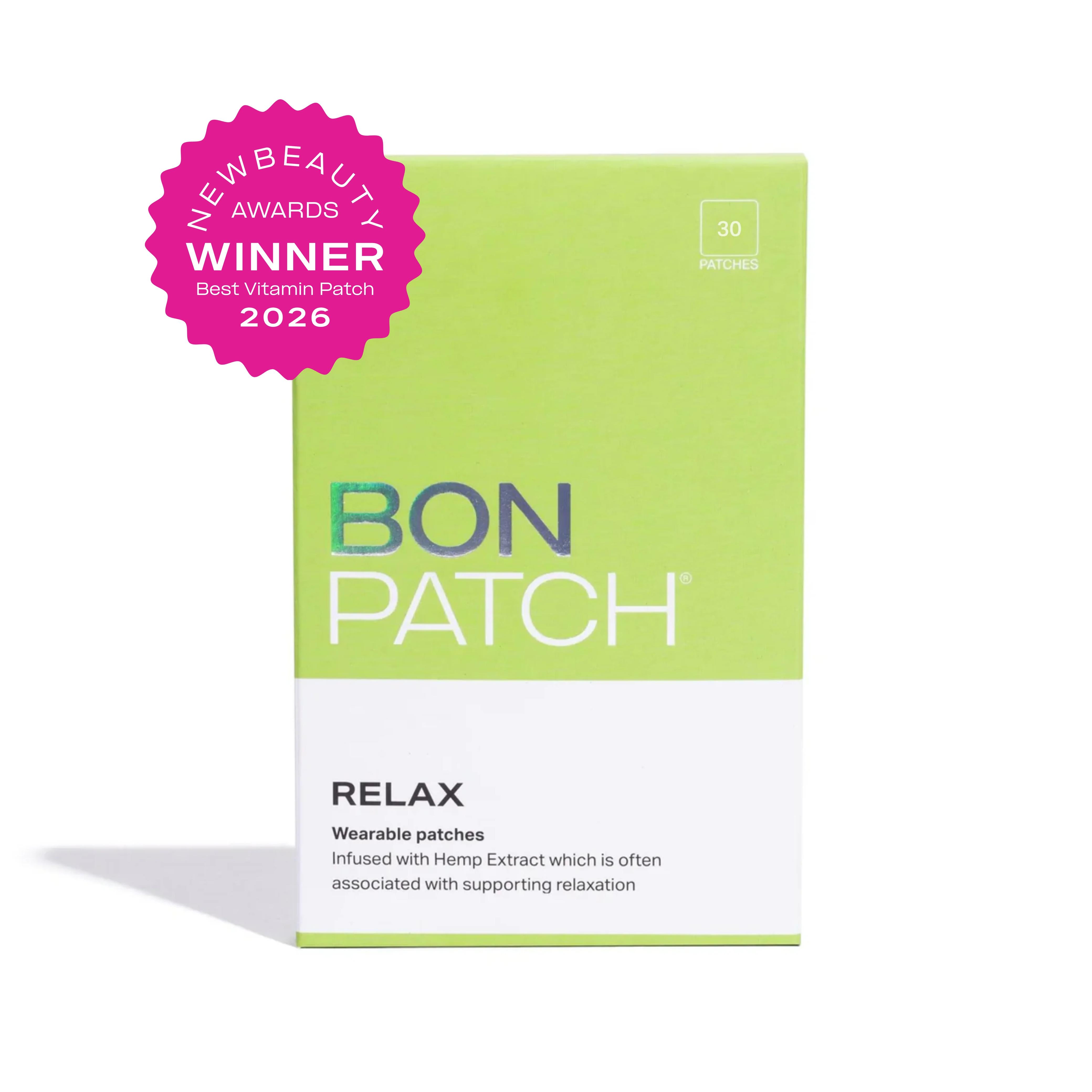 Bon Patch Relax packaging with a 2026 New Beauty Awards winner badge on a white background